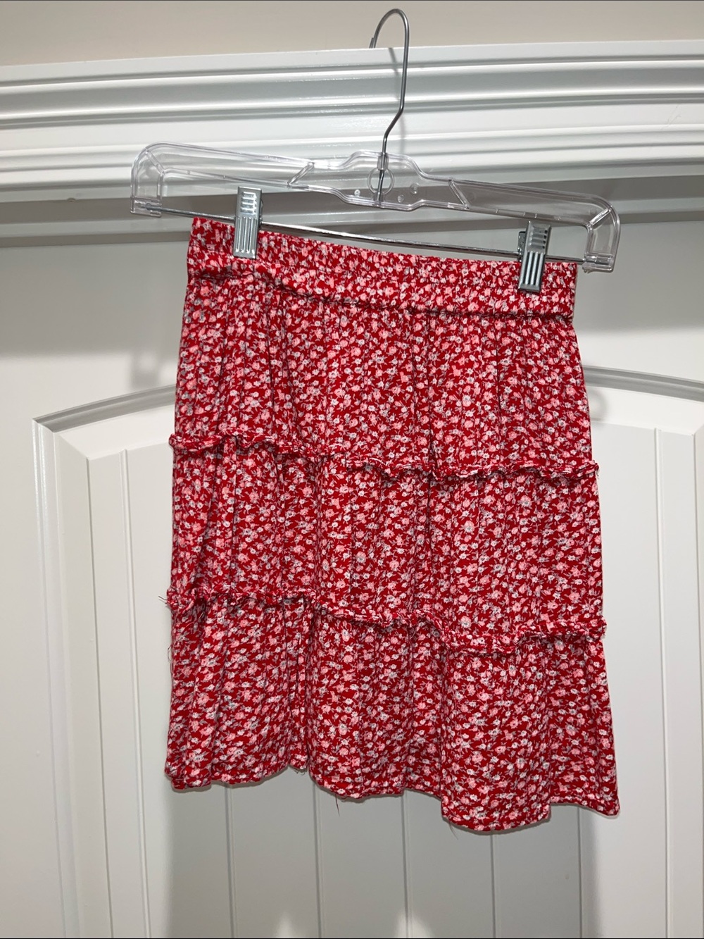Red Ditsy Floral Tiered Mini Skirt with Elastic Waistband